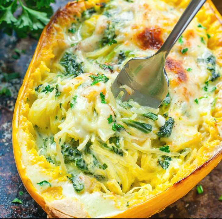 Cheesy, garlic, parmesan, spinach spaghetti squash - Tastetickler